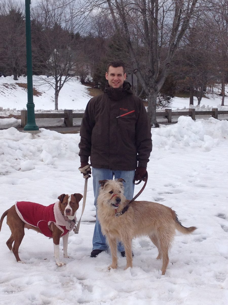 Bob walking Wiley and Amber in the snow